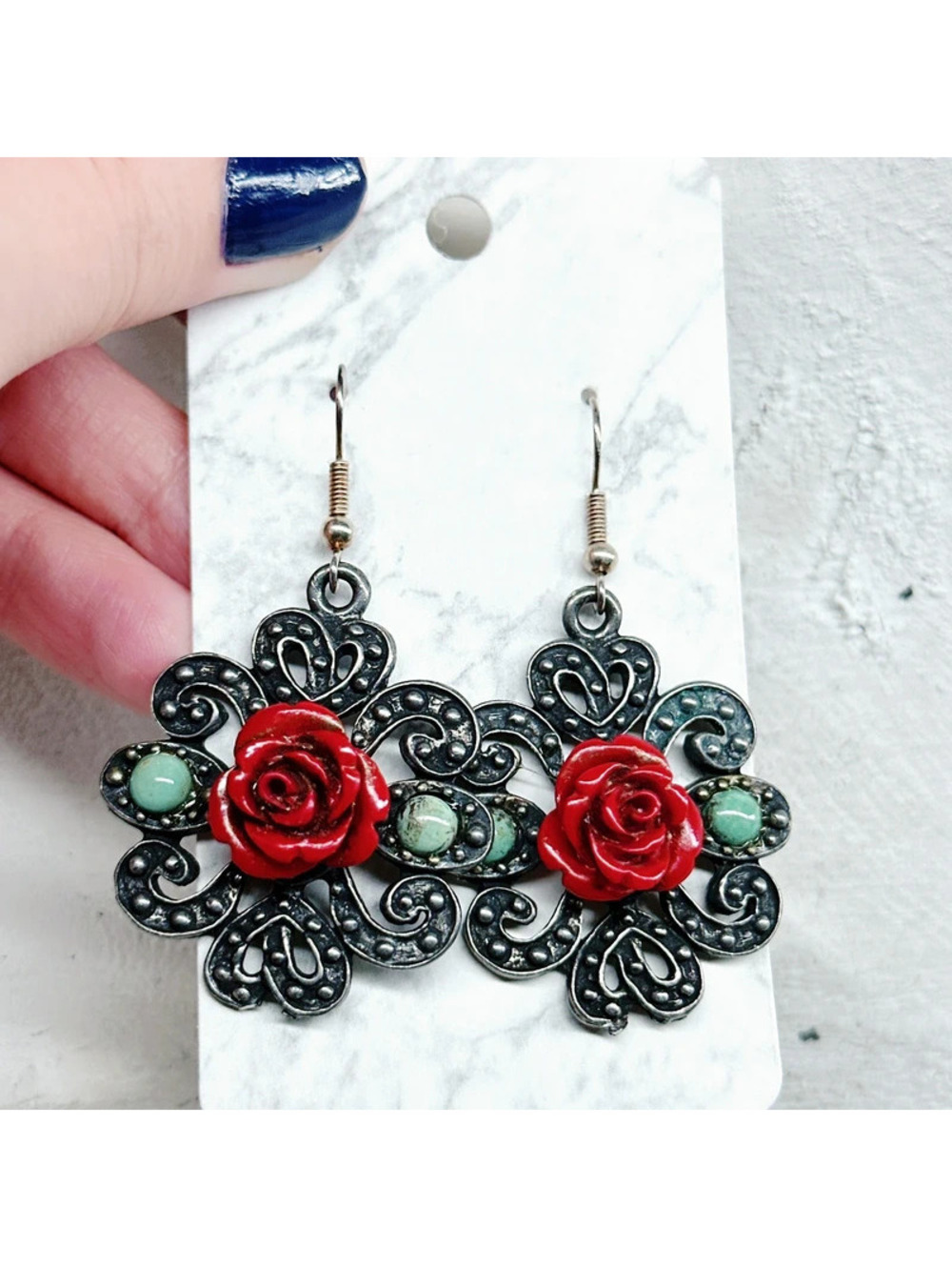 1046mc. Red Rose Earrings Bronze
